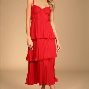 Cascading Red Tiered Bustier Midi Dress